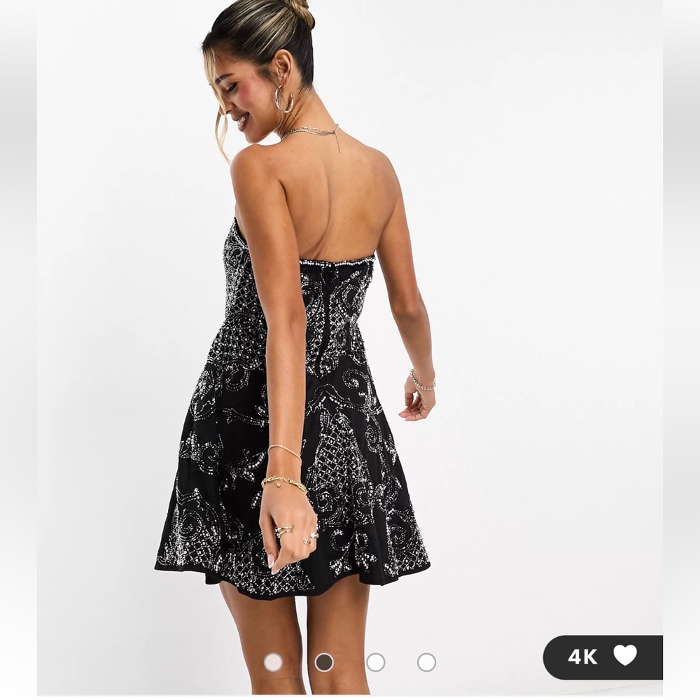 ASOS DESIGN embellished bandeau mini dress in black sequin pearl strapless US 10 - Picture 3 of 13